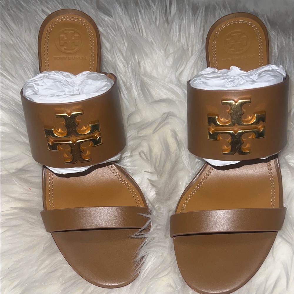 Tory Burch Tan Leather Double-Strap Slide Sandals with Gold Logo